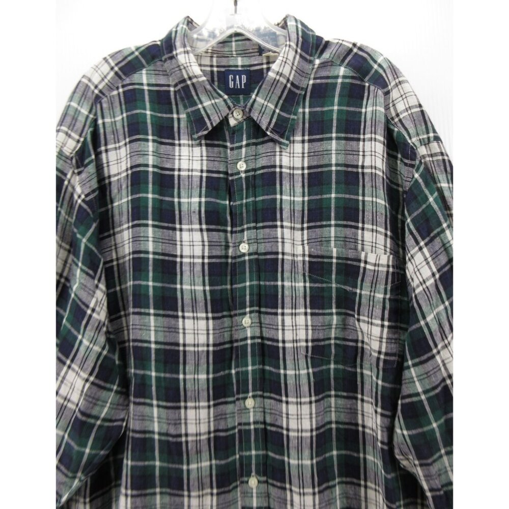 VINTAGE Gap Shirt XL Green Linen Button Up Tartan Plaid 90s Y2K Field - Picture 2 of 10